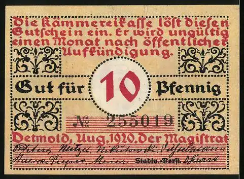 Notgeld Detmold 1920, 10 Pfennig, Stadtschloss mit Blume