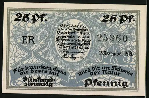 Notgeld Oberhof i. Thür. 1919, 25 Pfennig, Skifahrer im Schnee