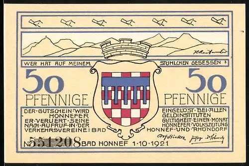 Notgeld Bad Honnef 1921, 50 Pfennig, Ortsansicht mit Kirche, Wappen