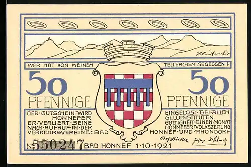 Notgeld Bad Honnef 1921, 50 Pfennig, Wappen, Ortspartie mit Häusern