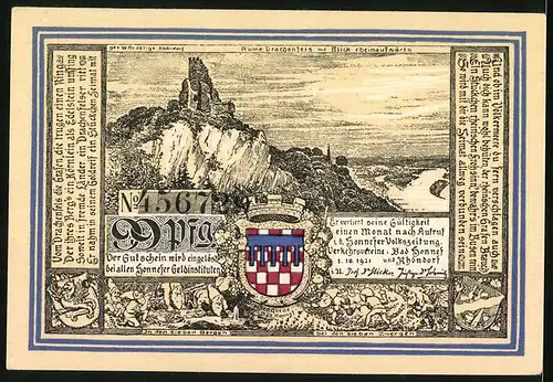 Notgeld Bad Honnef am Rhein 1921, 99 Pfennig, Ruine Drachenfels mit Blick rheinaufwärts