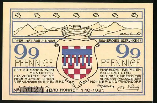 Notgeld Bad Honnef am Rhein 1921, 99 Pfennig, Löwenburg zur Ritterzeit