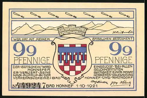 Notgeld Bad Honnef am Rhein 1921, 99 Pfennig, Alte Kapelle und Dorfeingang in Röhndorf