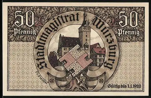 Notgeld Würzburg 1920, 50 Pfennig, Geistlicher mit Wappen, Kirche