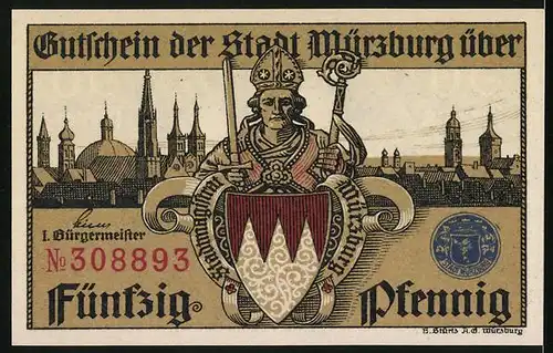 Notgeld Würzburg 1920, 50 Pfennig, Geistlicher mit Wappen, Kirche