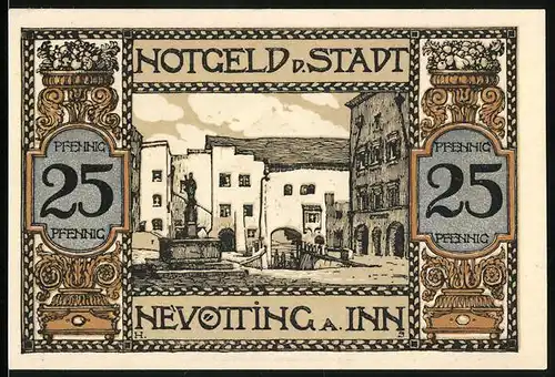 Notgeld Neuötting a. Inn 1921, 25 Pfennig, Platz mit Denkmal, Heilige Maria