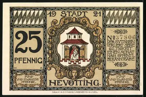 Notgeld Neuötting a. Inn 1921, 25 Pfennig, Platz mit Denkmal, Heilige Maria