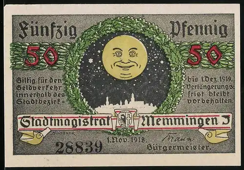 Notgeld Memmingen 1918, 50 Pfennig, lächelnder Mond über dem Ort