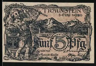 Notgeld Traunstein 1920, 5 Pfennig, Knabe mit Speer und Hut