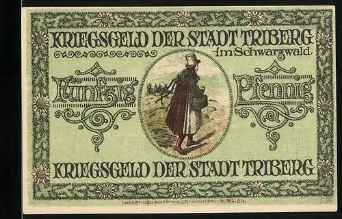 Notgeld Triberg im Schwarzwald 1918, 50 Pfennig, Wanderfrau mit rotem Umhang, Wappen