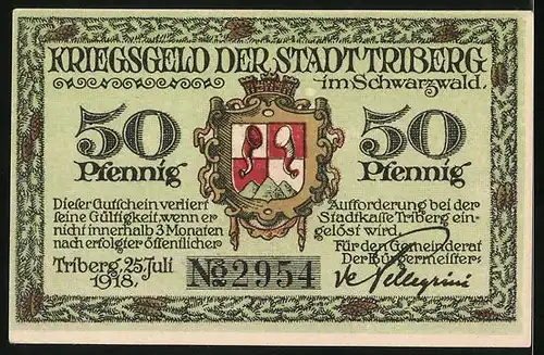 Notgeld Triberg im Schwarzwald 1918, 50 Pfennig, Wanderfrau mit rotem Umhang, Wappen