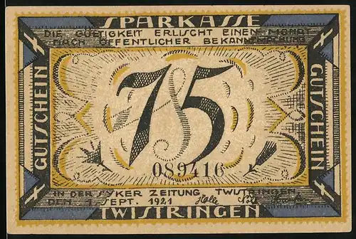 Notgeld Twistringen 1921, 75 Pfennig, Frau nebst grosser Glocke