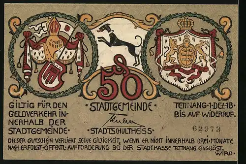 Notgeld Tettnang am Bodensee 1918, 50 Pfennig, Ritter und Bauernfrau beim Äpfelpflücken