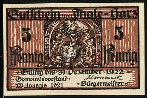 Notgeld Thale-Harz 1921, 5 Pfennig, Bergtheater, Wappen