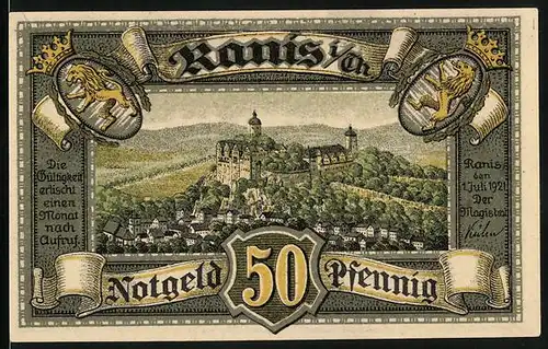 Notgeld Ranis i. Th. 1921, 50 Pfennig, Blick auf die Burg