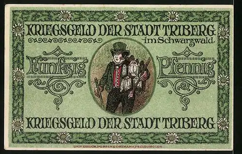 Notgeld Triberg im Schwarzwald 1918, 50 Pfennig, Wappen, Uhrenmacher mit Stock