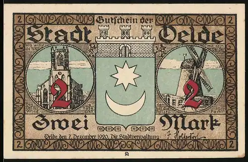 Notgeld Oelde 1920, 2 Mark, Kinder spielen im Kreis, Windmühle