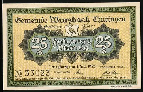 Notgeld Wurzbach i. Thüringen 1921, 25 Pfennig, Eienhüttenwerk Heinrichshütte