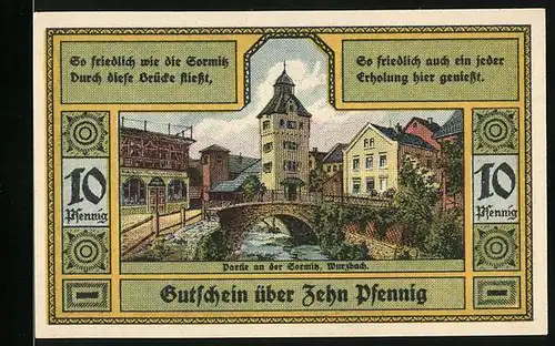 Notgeld Wurzbach i. Thüringen 1921, 10 Pfennig, Ortsansicht mit Fluss u. Brücke