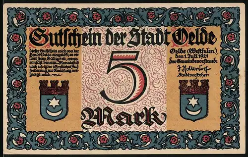 Notgeld Oelde i. Westfalen 1921, 5 Mark, Schutzmann verhaftet Kupferschmied