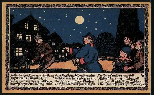 Notgeld Oelde i. Westfalen 1921, 5 Mark, Schutzmann verhaftet Kupferschmied