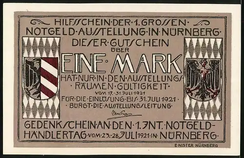 Notgeld Nürnberg 1921, 1 Mark, Nürnberger Wappen Jungfrauenadler