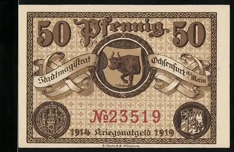 Notgeld Ochsenfurt a. M. 1914, 50 Pfennig, Wappen mit Ochse