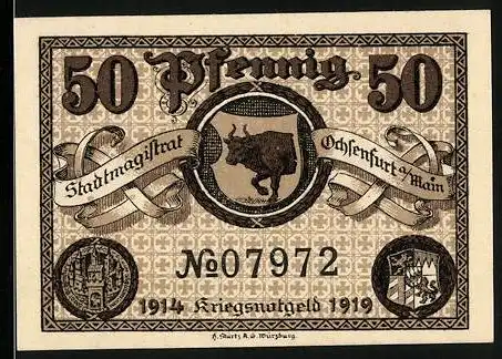 Notgeld Ochsenfurt a. M. 1914, 50 Pfennig, Orstwappen mit Ochse