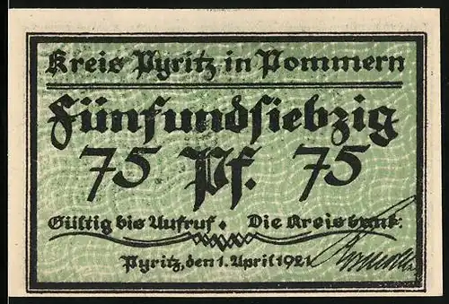 Notgeld Pyritz i. Pommern 1921, 75 Pfennig, Otto Bischos v. Bamberg im Weizacker