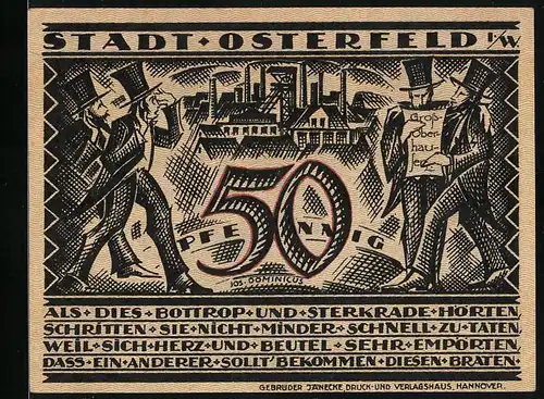 Notgeld Osterfeld i. W. 1921, 50 Pfennig, Bergarbeiter mit Spitzhacke vor Lore