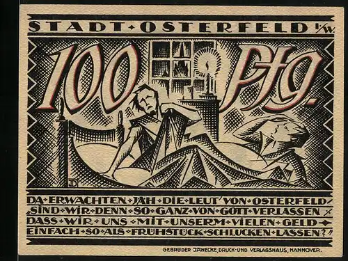 Notgeld Osterfeld i. W. 1921, 100 Pfennig, Sorgenvoller Osterfelder bei Nacht