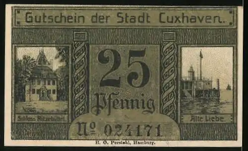 Notgeld Cuxhaven 1919, 25 Pfennig, Schloss Ritzebüttel u. Hafen