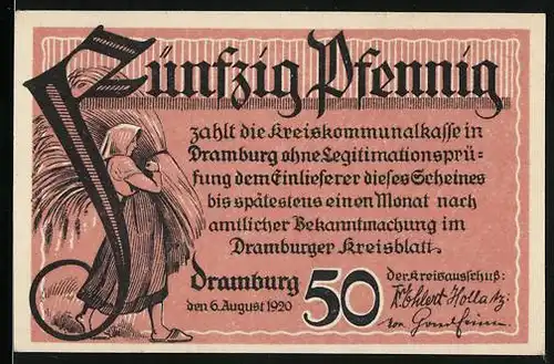 Notgeld Dramburg 1920, 50 Pfennig, Farmer mit Pferd