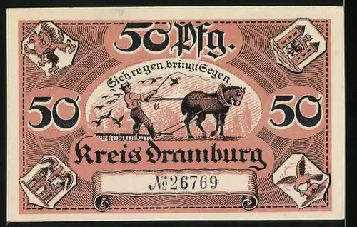 Notgeld Dramburg 1920, 50 Pfennig, Farmer mit Pferd