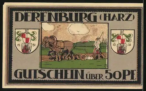 Notgeld Derenburg i. Harz 1920, 50 Pfennig, Bauer pflügt den Acker