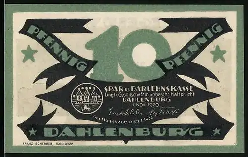 Notgeld Dahlenburg 1920, 10 Pfennig, Silhouette der Stadt