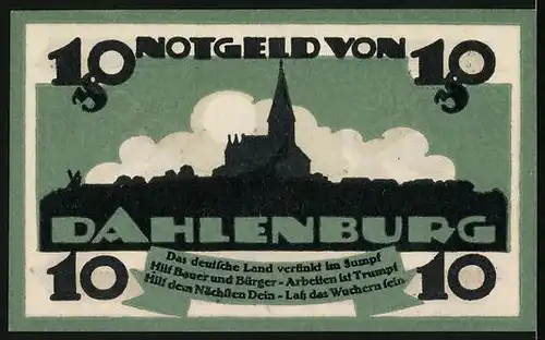 Notgeld Dahlenburg 1920, 10 Pfennig, Silhouette der Stadt