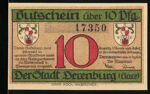 Notgeld Derenburg i. Harz 1920, 10 Pfennig, Blick vom Fyrstein a. d. Harzberge