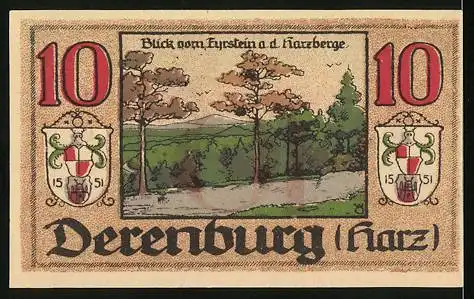 Notgeld Derenburg i. Harz 1920, 10 Pfennig, Blick vom Fyrstein a. d. Harzberge