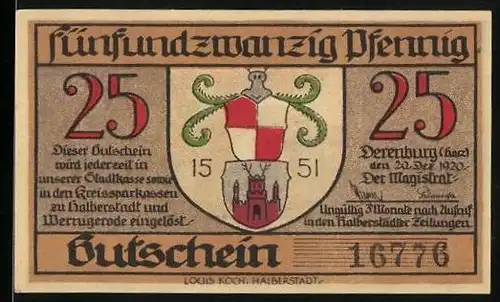 Notgeld Derenburg i. Harz 1920, 25 Pfennig, Rathaus