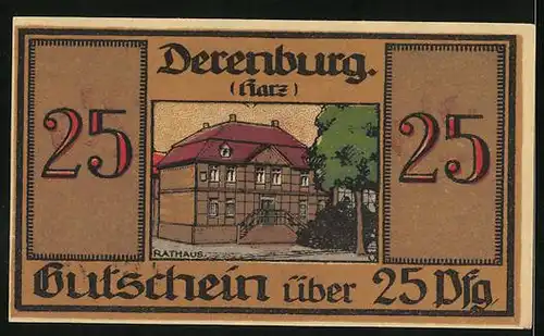 Notgeld Derenburg i. Harz 1920, 25 Pfennig, Rathaus