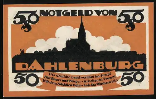 Notgeld Dahlenburg 1920, 50 Pfennig, Panorama mit Wolken