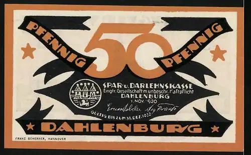 Notgeld Dahlenburg 1920, 50 Pfennig, Panorama mit Wolken