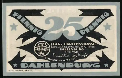 Notgeld Dahlenburg 1920, 25 Pfennig, Stadtsilhouette