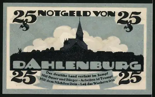 Notgeld Dahlenburg 1920, 25 Pfennig, Stadtsilhouette