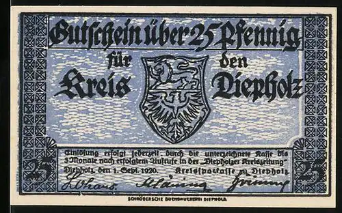 Notgeld Diepholz 1920, 25 Pfennig, Farmhaus