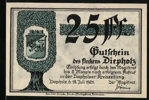 Notgeld Diepholz 1921, 25 Pfennig, Bauer, Wappen