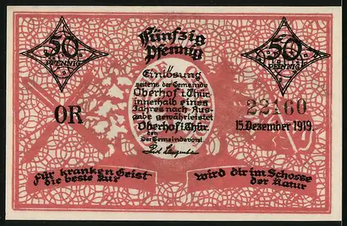 Notgeld Oberhof i. Thüringen 1919, 50 Pfennig, Kurort u. Wintersportplatz