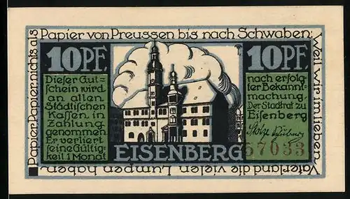 Notgeld Eisenberg i. Th., 10 Pfennig, Rathaus