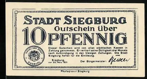 Notgeld Siegburg 1921, 10 Pfennig, Wappen mit Engel u. Löwe